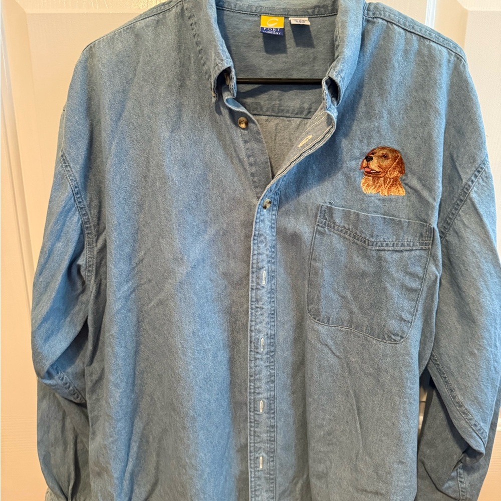 Golden retriever denim button up shirt